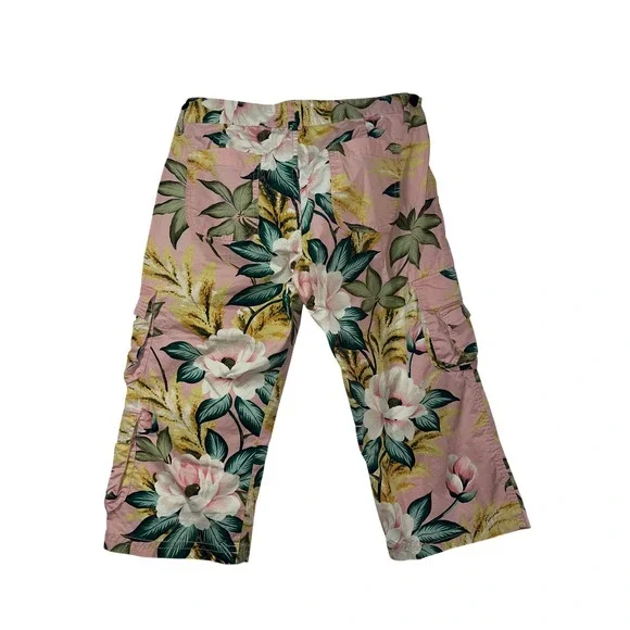 Lucky Brand Tropical Floral Cargo Capri Pants Pink Green White Bloom Print 10/30 - Picture 5 of 11